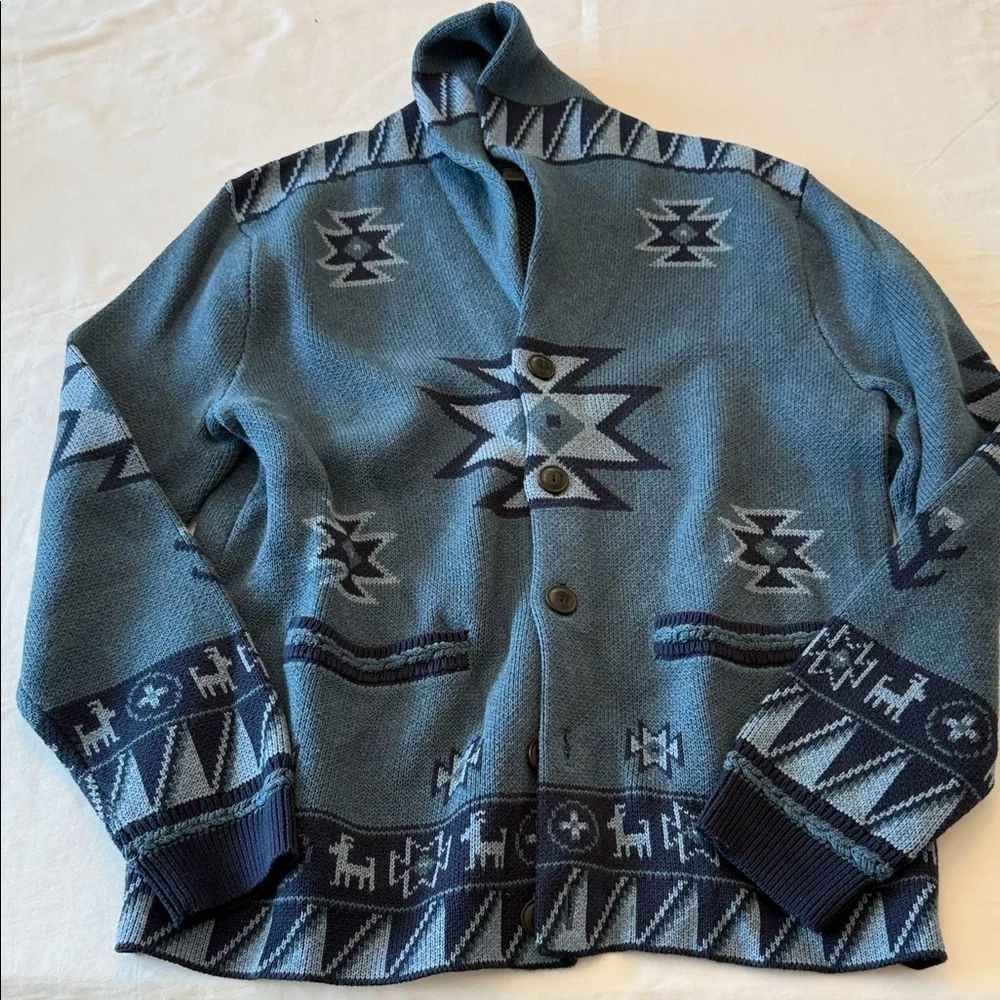 J. Crew x Wallace & Barnes Blue and Gray Geometric Cardigan